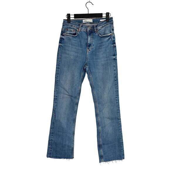 Zara Denim - ZARA Bootcut High Rise Straight Jean Stretch Raw Hem Zip Button 2 Blue #3324